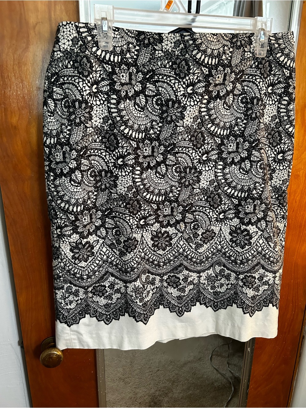Talbots Black Lace Print Pencil Skirt on Cream